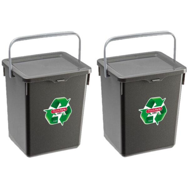 2x stuks afvalbakken/opslagboxen/emmers kunststof met deksel antraciet 5 liter 20 x 17 x 23 cm -